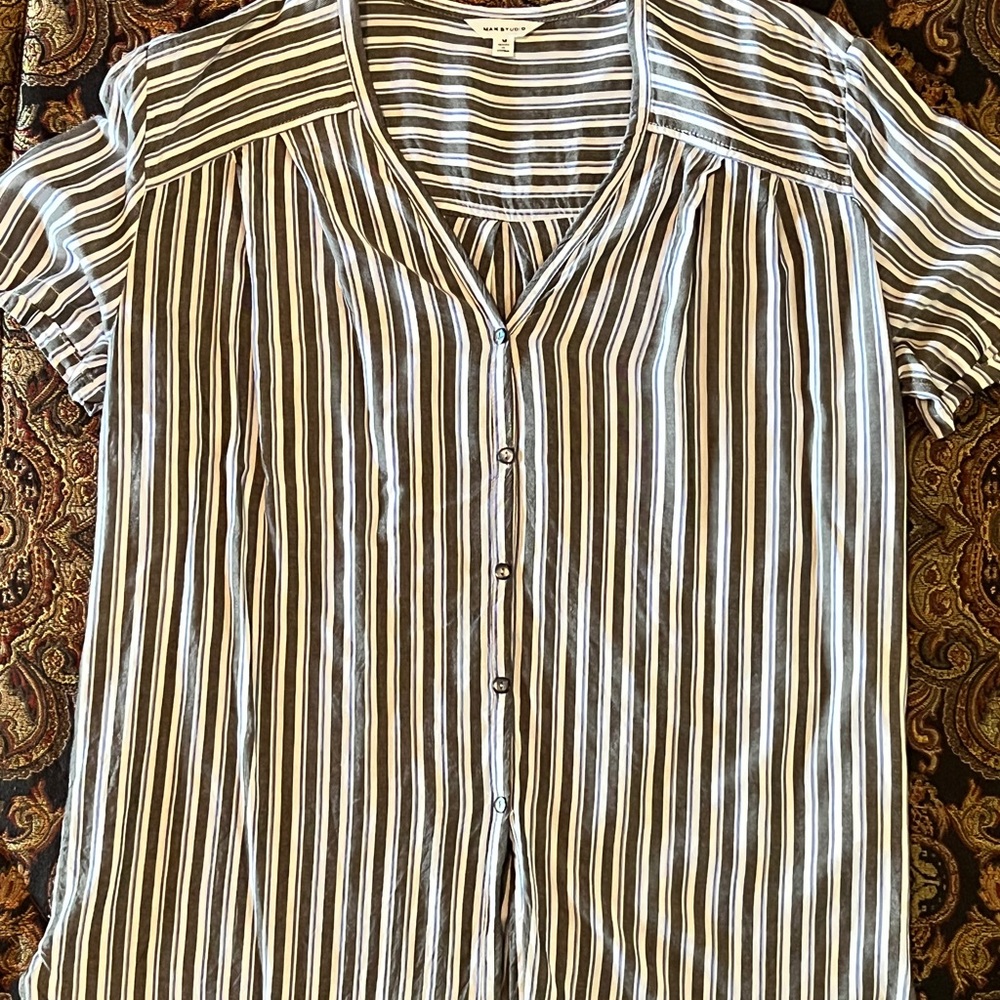 Max Studio—Charcoal gray, blue, and white button down striped